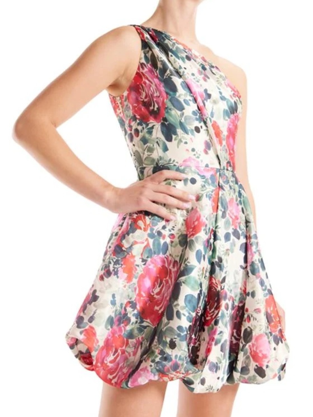 Monique Lhuillier One-Shoulder Floral Fit & Flare Dress in Ivory, Pink and Green